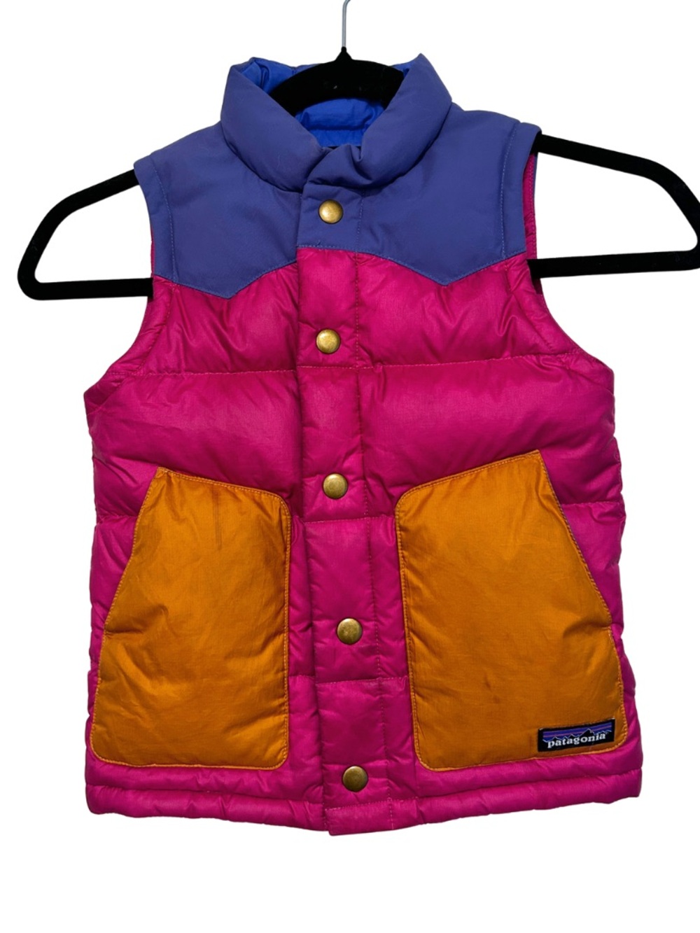 Patagonia Kids 4T Colorblock Puffer Vest in Magenta, Gold & Blue